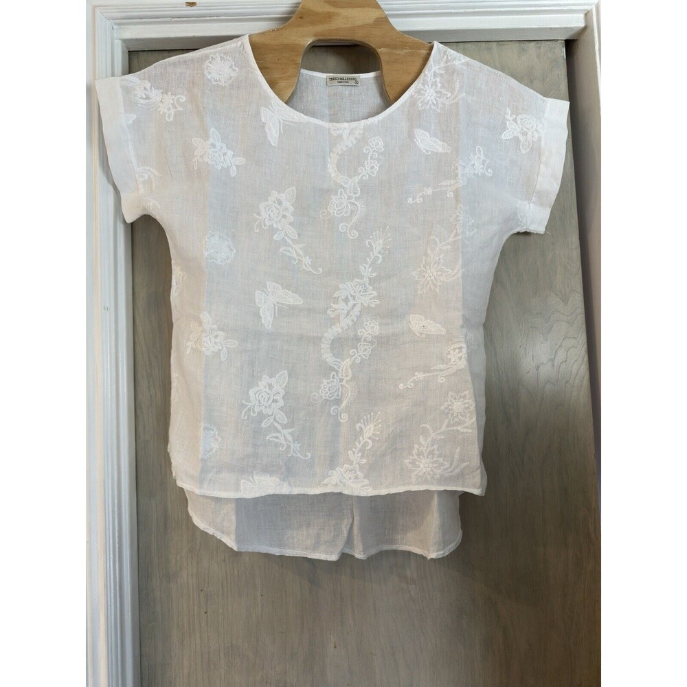Terzo Millennio White Linen Size Large‎   Tunic S/S-Embroidered Floral butterfly